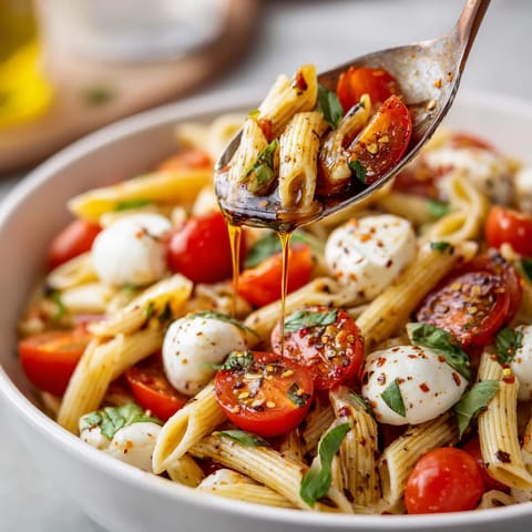 A bowl of pasta with tomatoes and cheese.