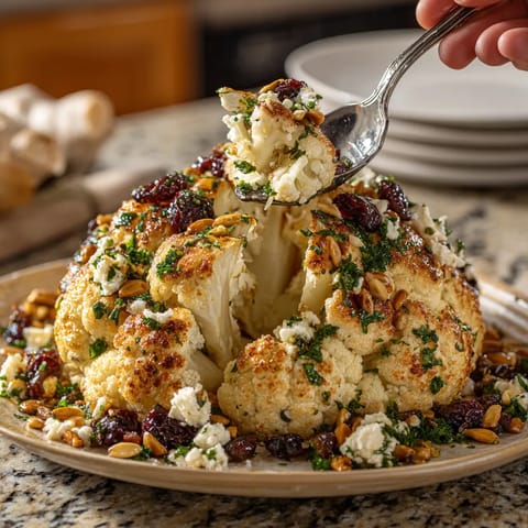A person is serving a dish of cauliflower.