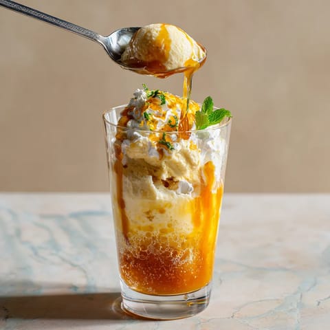 A glass of ice cream with a spoon in it.
