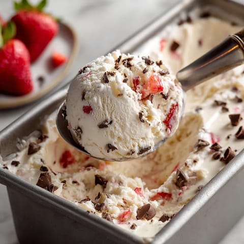 A scoop of ice cream with chocolate chips and strawberries.