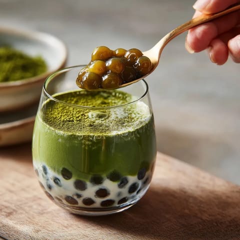 A person is eating a green smoothie.