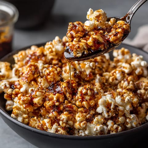 A spoon is being used to pour syrup over popcorn.