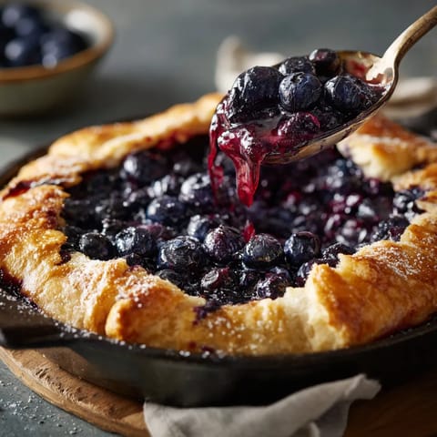 A spoon is scooping out the last bit of blueberry pie.