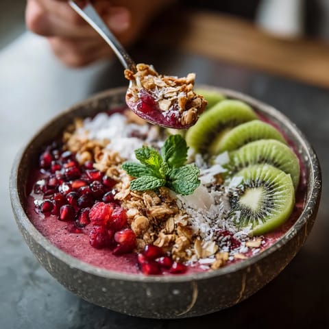 A bowl of fruit with a spoon in it.