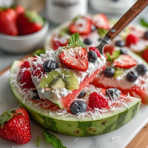 A slice of watermelon with blueberries and strawberries on top.