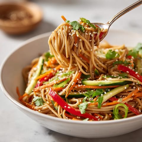 A bowl of noodles with vegetables.