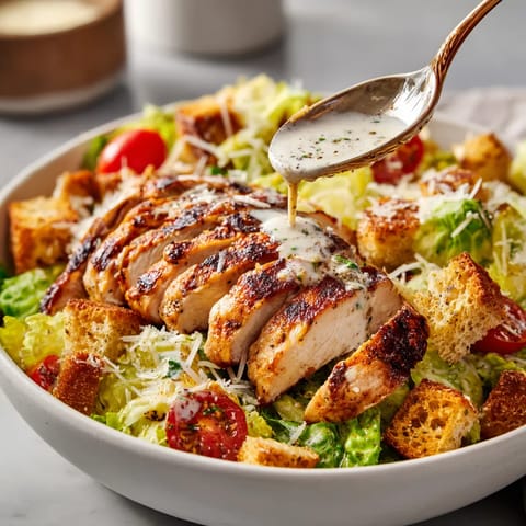 A bowl of salad with chicken and bread.