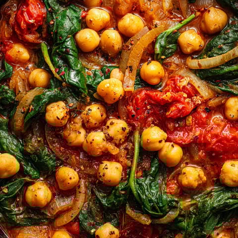 A bowl of food with chickpeas, spinach, and onions.