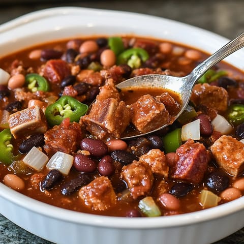 A spoon is in a bowl of chili.