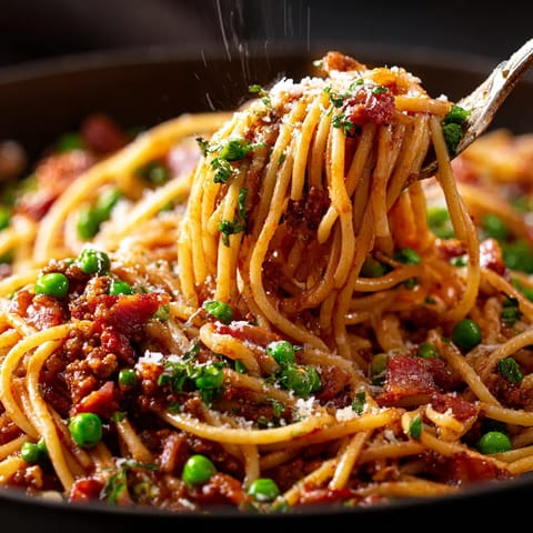 A bowl of spaghetti with meat and peas.