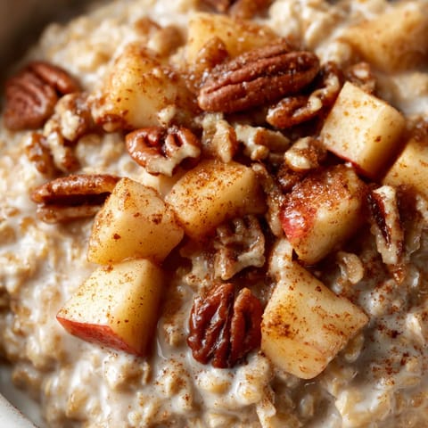 A bowl of oatmeal with nuts and apples.