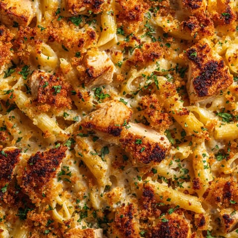 A pizza with chicken and pasta.