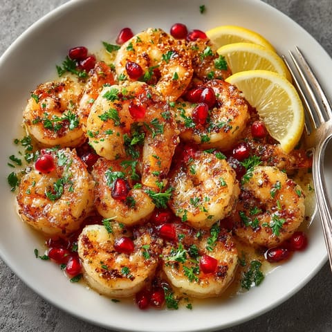 A bowl of shrimp with red peppers and lemon wedges.