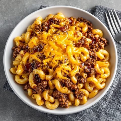 A bowl of macaroni and cheese with meat.