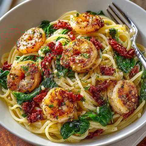 A bowl of pasta with shrimp and spinach.