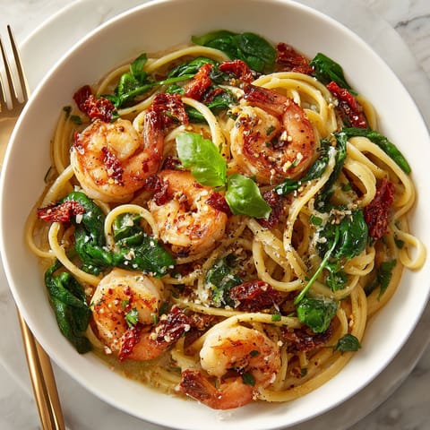 A bowl of pasta with shrimp and spinach.