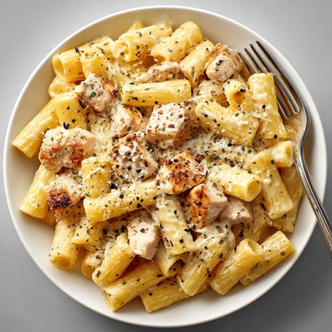 A bowl of pasta with chicken and cheese.