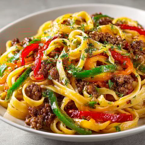 A plate of pasta with red peppers and green peppers.