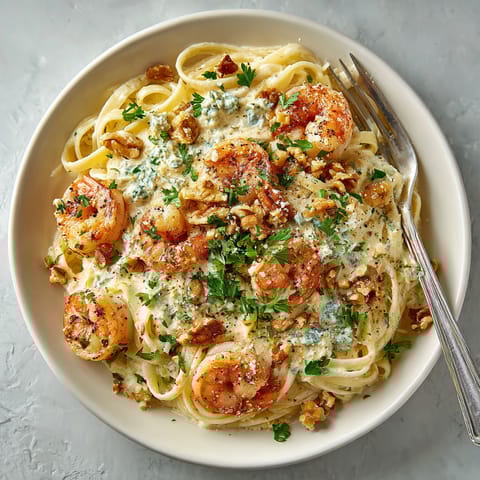 A bowl of pasta with shrimp and blue cheese.