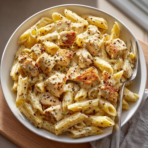 A bowl of chicken and pasta.