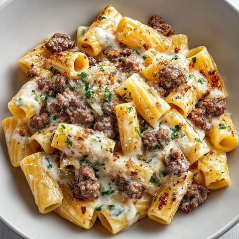 A plate of pasta with meat and cheese.