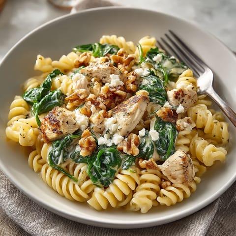 A plate of pasta with chicken, spinach, and goat cheese.