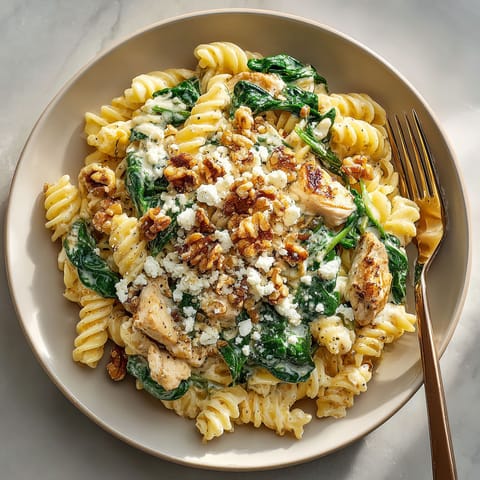 A plate of pasta with spinach and chicken.