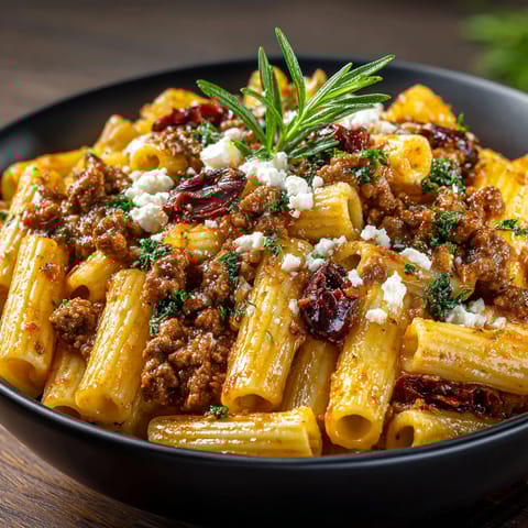 A bowl of creamy Kalamata beef pasta.
