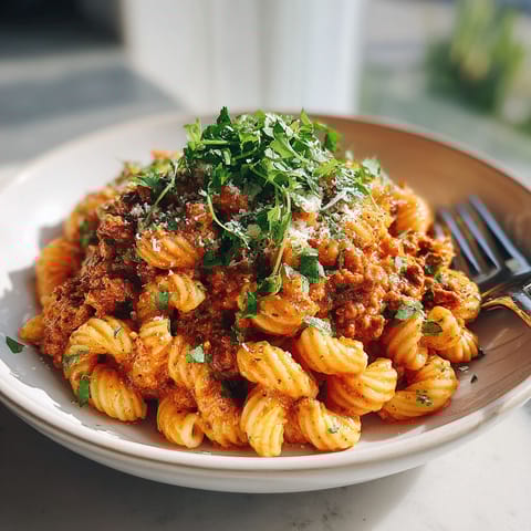 A bowl of pasta with meat sauce and cheese on top.