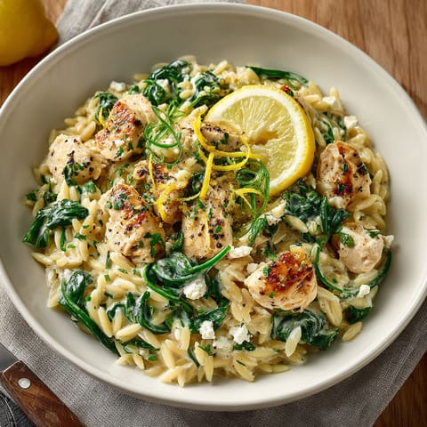 A bowl of pasta with chicken, spinach, and lemon.