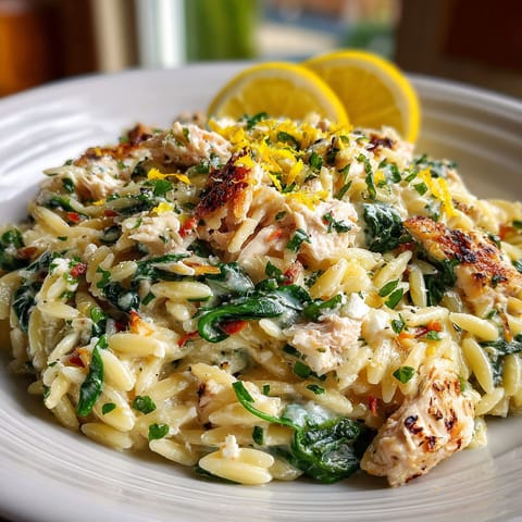A plate of food with chicken, pasta, and lemon wedges.