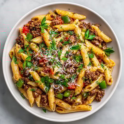 A plate of pasta with meat and vegetables.