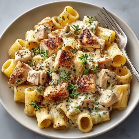 A plate of pasta with chicken and herbs.