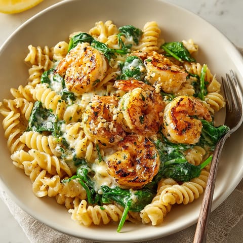 A bowl of pasta with shrimp and spinach.