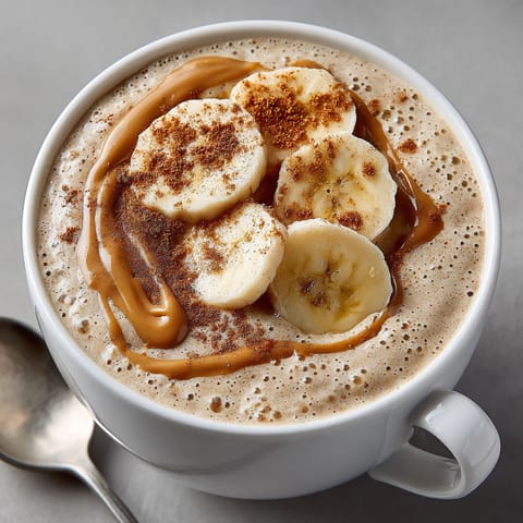 A cup of coffee with bananas and caramel.