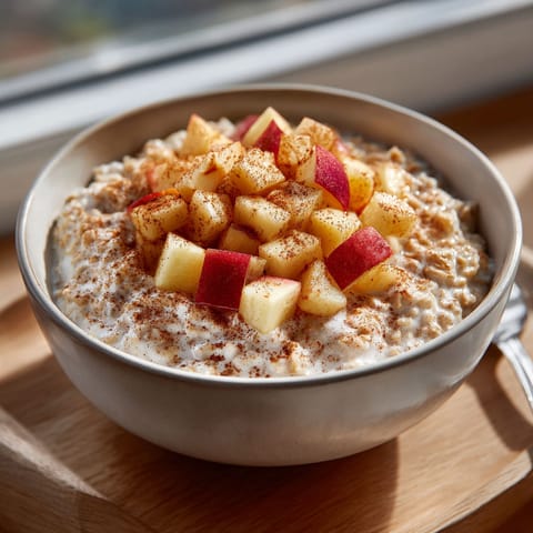 A bowl of cereal with apples and cinnamon.