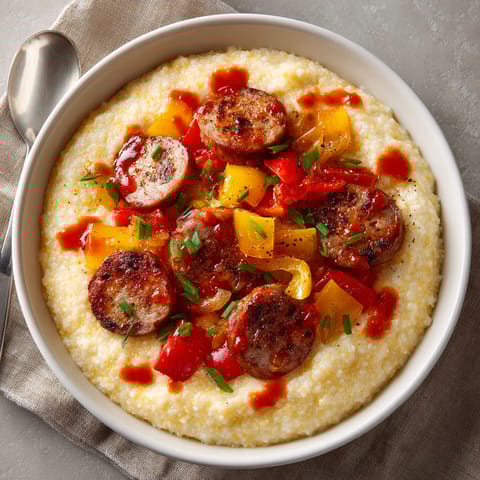 A bowl of grits with sausage and peppers.