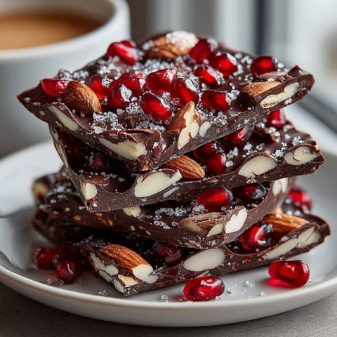 A stack of chocolate bark with pomegranate seeds on top.