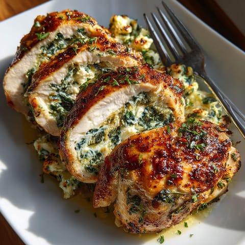 A plate of chicken with spinach and feta cheese.