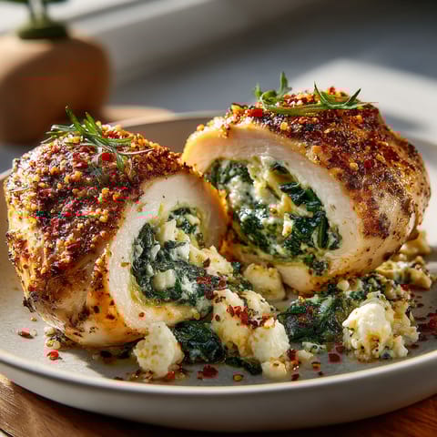 A plate of food with a stuffed chicken and spinach.