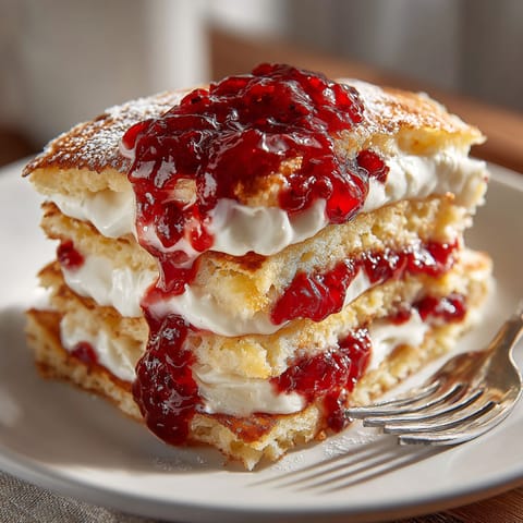 A stack of pancakes with jelly on top.