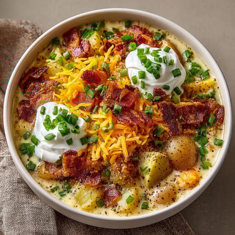 A bowl of soup with bacon and cheese.