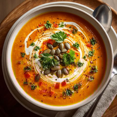 A bowl of soup with a spoon in it.