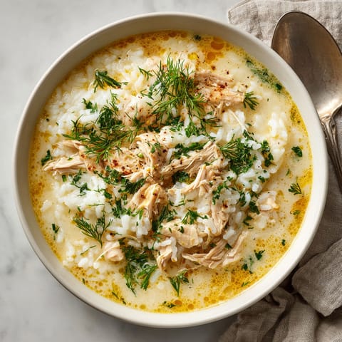 A bowl of soup with rice and chicken.