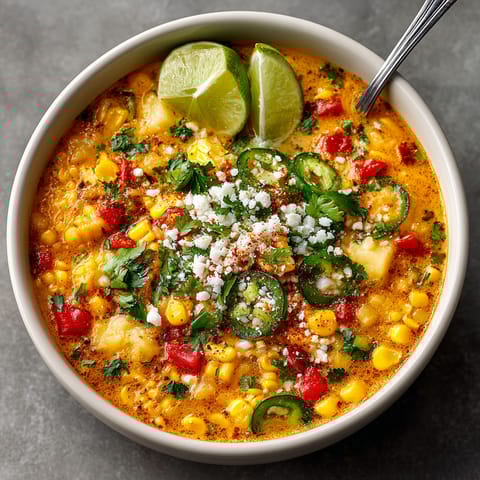 A bowl of soup with lime wedges and chili peppers.