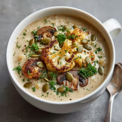 A bowl of soup with cauliflower and mushrooms.