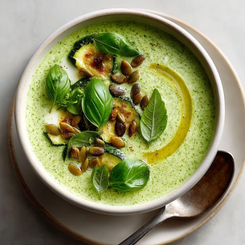 A bowl of soup with zucchini, basil, and coconut.