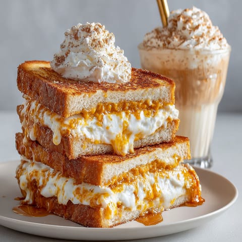 A stack of grilled cheese sandwiches with cream soda.