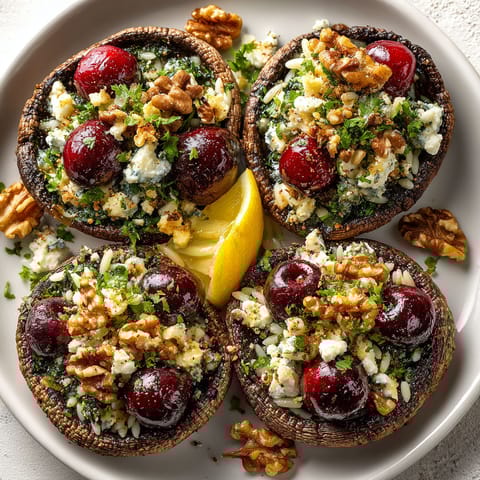 Four mushrooms with cherries and walnuts on top.