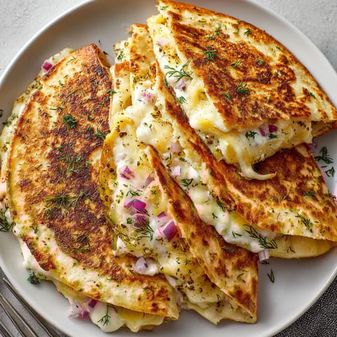 A plate of grilled cheese quesadilla with onions and pickles.